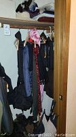 Wide view of miscellaneous clothing hung in closet with scarfs, a backpack, and shoes visible on floor.