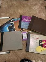 Several vinyl records and collection books spread on carpet showing cover art and bindings.