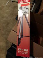 Vivitar VPT-120 tripod boxed showing front panel of the box
