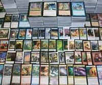 Numerous Magic: The Gathering cards laid out in rows and stacked in the background