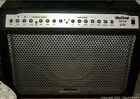 Front view of the Washburn BD 75 guitar amplifier showing control panel and metal front grill.