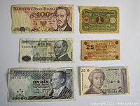 Overhead view of six international banknotes from Poland, Germany, Turkey, and Yugoslavia arranged flat on a white surface showing front designs and details.