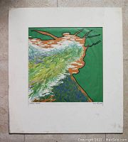 Full view of the abstract artwork showing an organic, colorful head-like shape with green, brown, white, and blue brush strokes. The artwork is signed and numbered 19/75 by Joe McGinn.