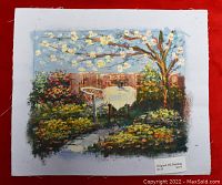 Front view of the original oil painting showing the garden scene with chair, table, flowering tree, and greenery on an 8x10 canvas