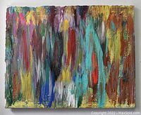 Full view of original mid-century oil painting with vibrant vertical color streaks in thick impasto, showing visible wear and damage.