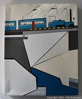 Full view of the painting on canvas showing the stylized train, bridge, and mountain scenery in geometric style.
