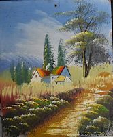 Full view of the original landscape painting showing cottages, trees, grass, path, and sky.