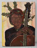 Front view of the textured painting showing a musician holding a double bass with abstracted face and foliage elements.