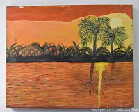 Full front view of the oil painting on canvas showing sunset with palm trees over water.