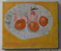 Full view of original painting on canvas showing four oranges and peeled fruit on a gray-white plate with a yellow background.