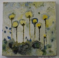 Full view of square canvas painting showing yellow flowers with dark stems and a mottled light blue and green background.