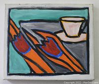 Full view of the original oil painting on canvas with abstract design showing cup and table pattern in bold colors.