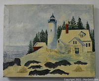 Front view of the entire painting showing lighthouse, buildings, trees, and rocks in muted colors.