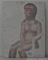 Full view of original oil painting on canvas of a seated nude woman with red hair, showing scratches and discoloration.