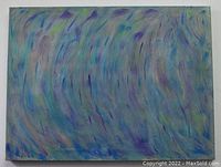 Front view of the abstract painting showing swirling multicolored brush strokes in blues, purples, and greens.