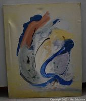 Full front view of the abstract painting on canvas showing the brushstroke colors and bead embellishments.