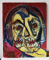 Full frontal view of the original abstract portrait painting on canvas showing the entire face and red background.