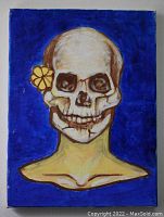 Full view of the original skull painting on canvas with a blue background and yellow flower