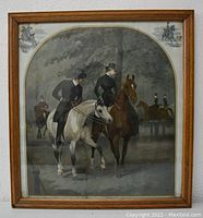 Full view of the framed print showing two riders on horses in a wooded scene with smaller inset illustrations in corners.