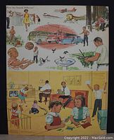 Full view of the print showing various colorful illustrations including people, vehicles, birds, and children indoors.