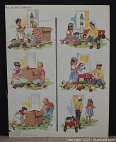Full front view of the educational print showing six illustrated scenes of children using wheeled toys and objects under the title "How Do We Use Wheels?"
