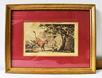 Framed print showing a bull in mid-rear next to a tree with people and a horse.