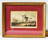 Framed vintage print in gold frame with red matting. Print shows man on horse near signpost and cattle in background.