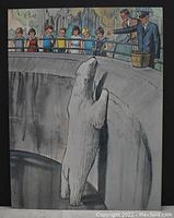 Full view of the polar bear print artwork showing the bear standing up inside an enclosure with children and adults observing.