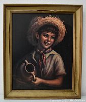 Full view of framed print showing a boy in a straw hat holding a pitcher.