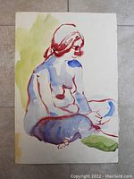 Front side of watercolor painting depicting seated woman in red headscarf, blue and red outlines, and green background.