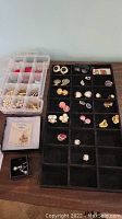Photo of multiple pairs of ladies costume earrings arranged in two black trays and one clear plastic organizer with multiple compartments showing different styles and colors