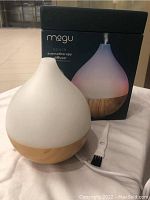 Photo of the diffuser unit with white top and wood grain base, small brush, and power cable, as well as the diffuser box.