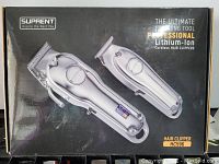 Box front showing two metallic silver cordless hair clippers with model HC596 from Suprent.