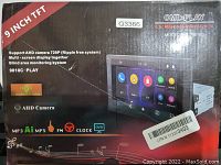 Front of box showing product name, features, and display screen of the 9 inch TFT car mirror link player with AHD camera support and multi-screen display.