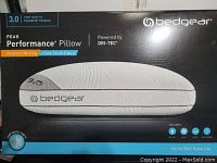 Front view of Bedgear Peak Performance 3.0 Pillow box showcasing pillow image and features such as moisture wicking and cool touch fabric.