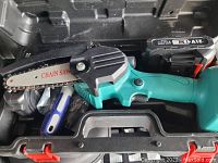 Opened black plastic case showing cordless mini chainsaw with attached blade, 21V battery, and screwdriver tool inside.