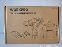 Image of the boxed WORKPRO pink 12V cordless drill driver kit showing box contents illustrations including drill, charger, bag, and bits.