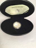 Silver coin in black hinged presentation case with label 'Millennium Coin - Pride'