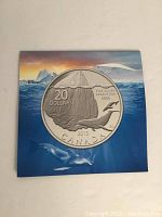 Front of card displaying the 2013 Canadian $20 fine silver coin with iceberg and whale design