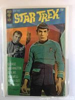 Photo of Gold Key Star Trek No. 9 comic book cover featuring Mr. Spock and Dr. McCoy in a protective plastic sleeve.