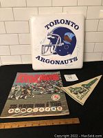 White square seat cushion featuring a Toronto Argonauts blue helmet logo and team name, surrounded by player signatures. Below the cushion are the football sticker album and the green and black Saskatchewan Roughriders felt pennant.