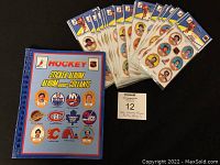 Full view of the blue plastic-bound hockey sticker album with various NHL team logos and player portraits on the cover, along with 21 sheets of puffy round player stickers laid out above it.