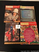 Four items laid out including the Eaton's 1975 Christmas catalog and three Toronto Telegram Weekend Magazines arranged for display.
