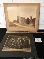 Photograph showing both vintage photos side by side on a white tiled background with a measuring stick, two mounted photos, one of University of Toronto, the other a group photo.