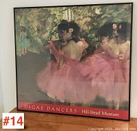 Framed Degas Dancers poster from Hill-Stead Museum, showing ballet dancers in pink tutus with museum text beneath.