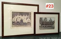 Two framed vintage sports team photos displayed side by side on a dark surface, showing size and framing style.