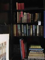 Books arranged on black shelves, showcasing a variety of titles and colors, some books stacked horizontally.