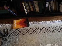Photo of books lined up on the floor near bookshelf, showing Interior Egypt book and other books above.