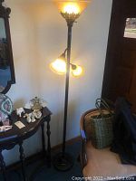 Floor lamp showing two types of light fixtures with frosted glass shades and metal base near wooden door and table with various items.