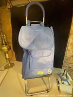 Front view of blue folding trolley dolly with handle and front flap pocket.